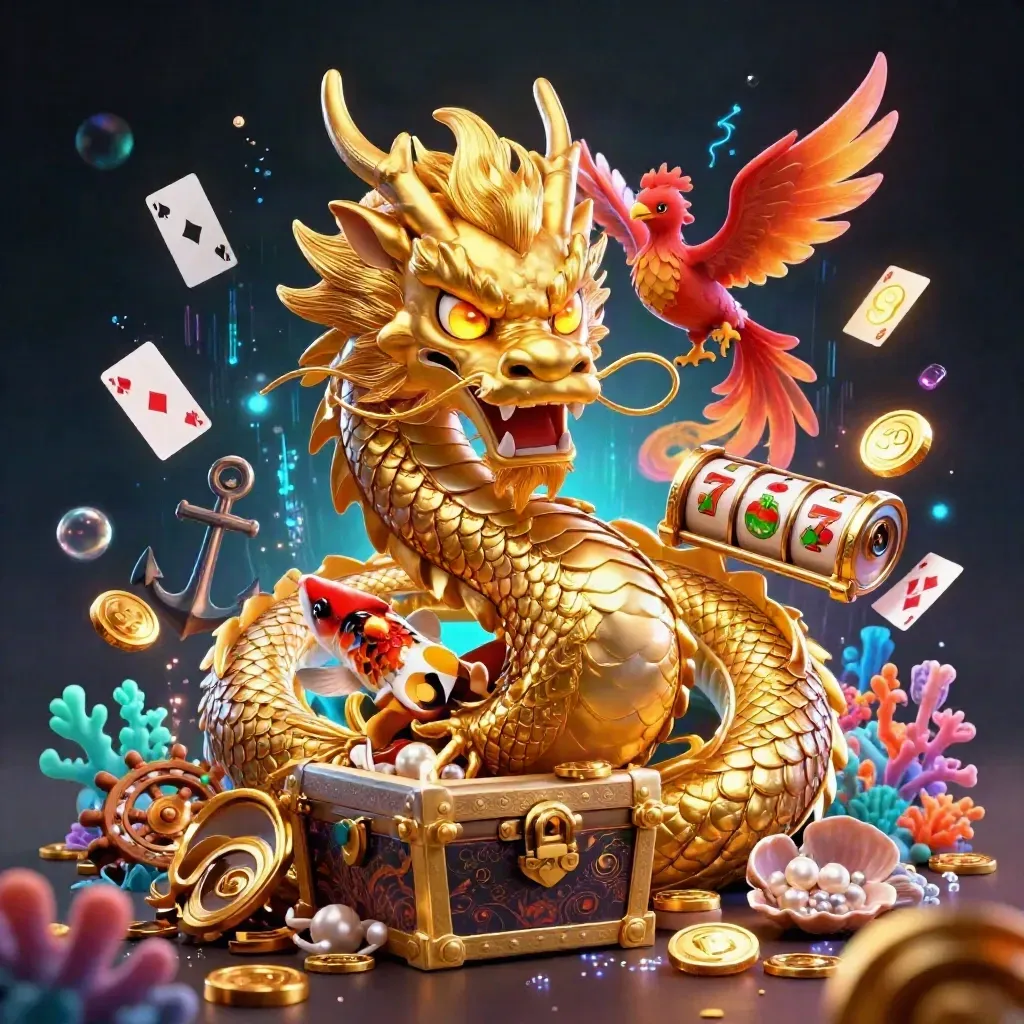 Golden dragon with phoenix and koi in a treasure cove, surrounded by casino symbols and glowing effects.