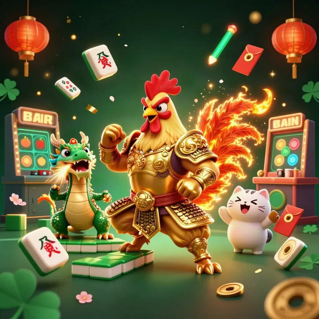 Rooster warrior, dragon hatchling, and fortune-cat amid blackjack luck symbols and glowing casino effects.