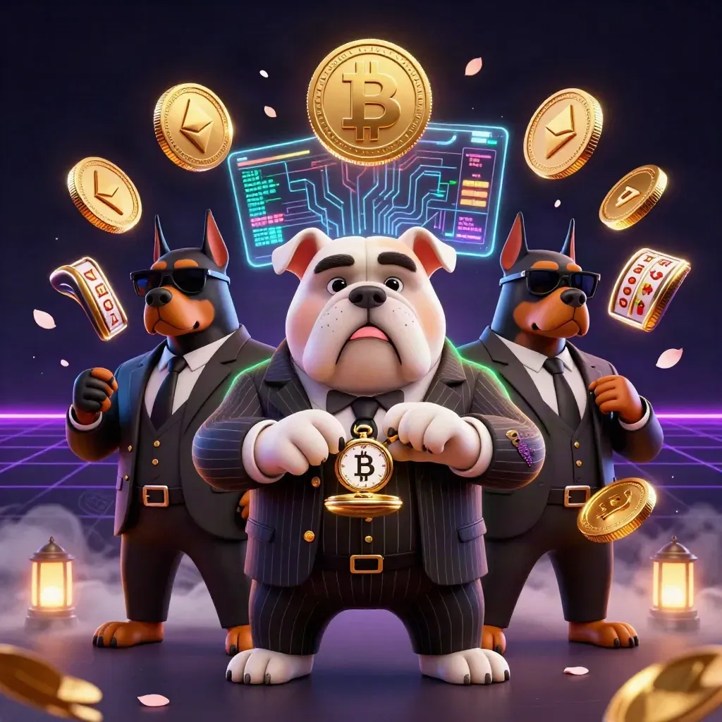 Bulldog mafia boss with two Doberman guards amid glowing casino coins and neon effects