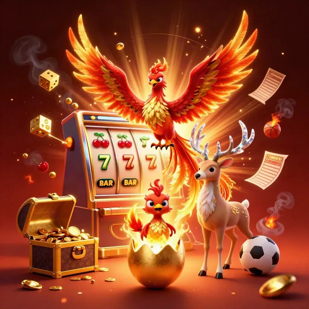 Phoenix trio with casino jackpot elements in a fiery gold mobile-game key art scene.