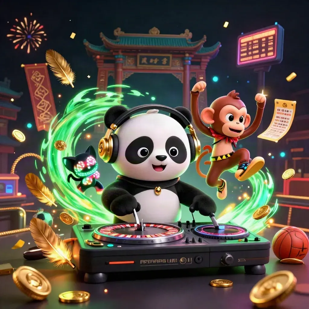 DJ panda, breakdancing monkey, and glow-stick kitten in a casino-rave with roulette wheels and gold sparks