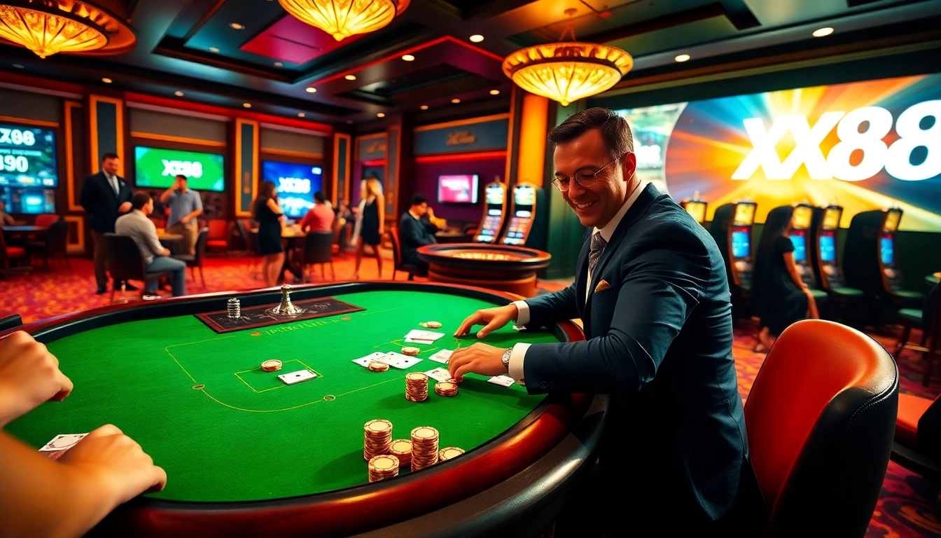 Experience thrilling gameplay at XX88's luxurious poker table in a vibrant casino.