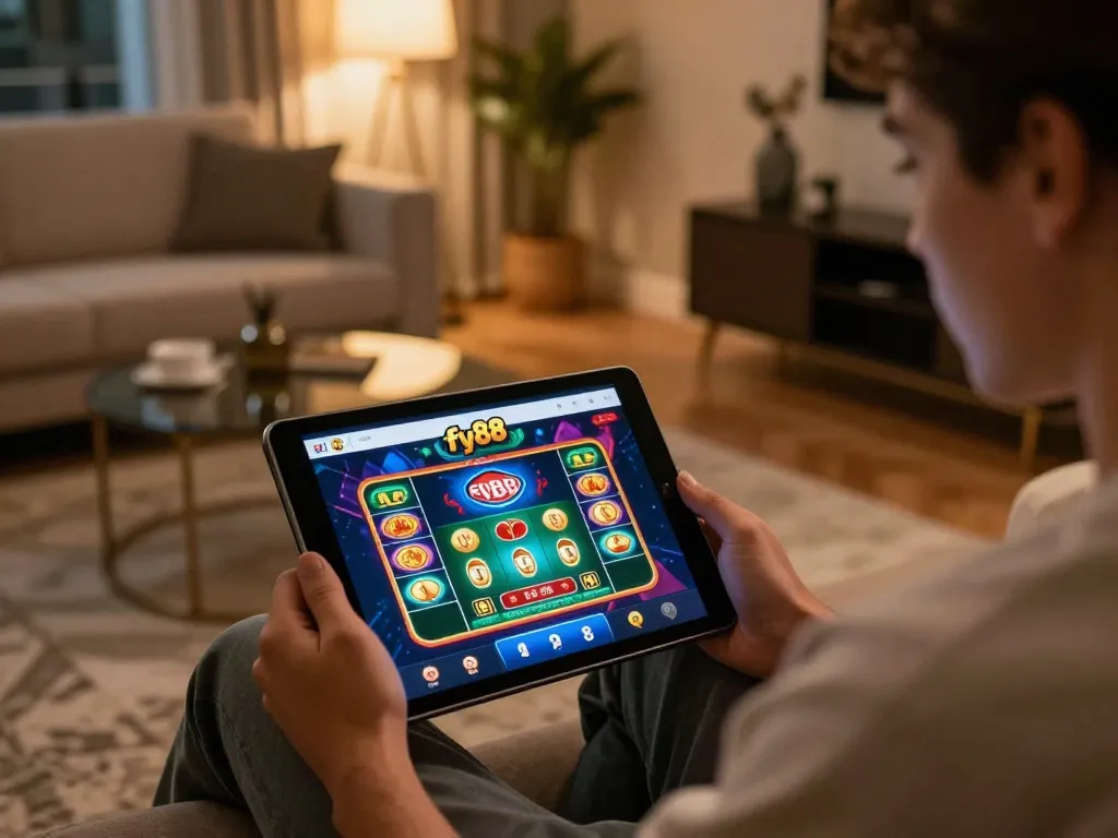Engaged player enjoying the fly88 online casino app on a cozy home setup, highlighting mobile gaming experience.