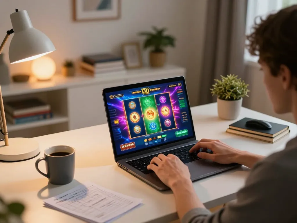 A player enjoys the exciting oli 4d slots on their laptop in a cozy home setup