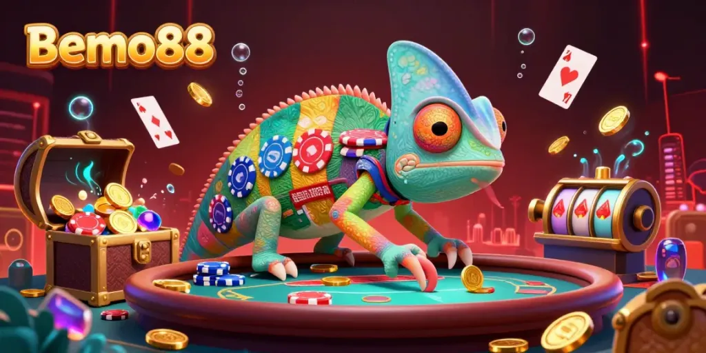 Bemo88's vibrant casino scene showcasing a colorful chameleon owner amidst dynamic gold coin and card elements.