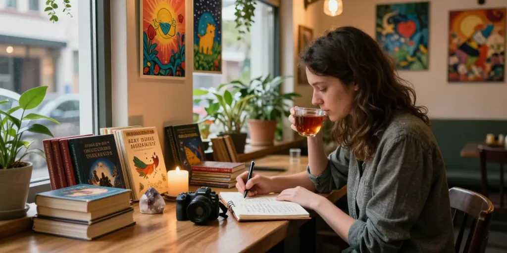 Menulis pemahaman mimpi di kafe dengan elemen spiritual untuk bukumimpi138