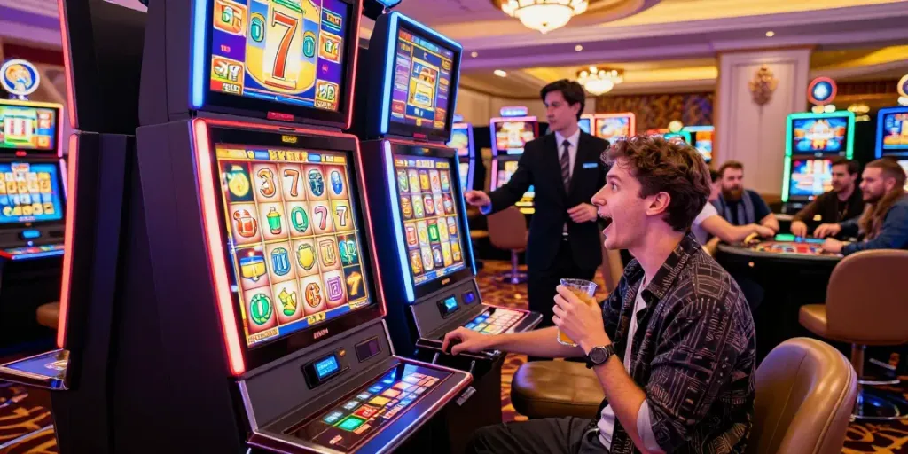 Excited player at a Lucky777 slot machine in a vibrant casino setting.