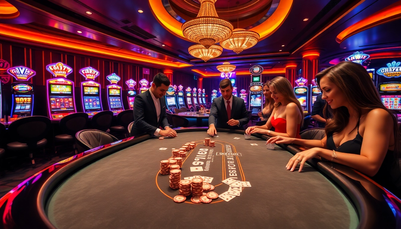 High-stakes blackjack action at 6L777 VIP casino lounge with glamorous players celebrating wins.