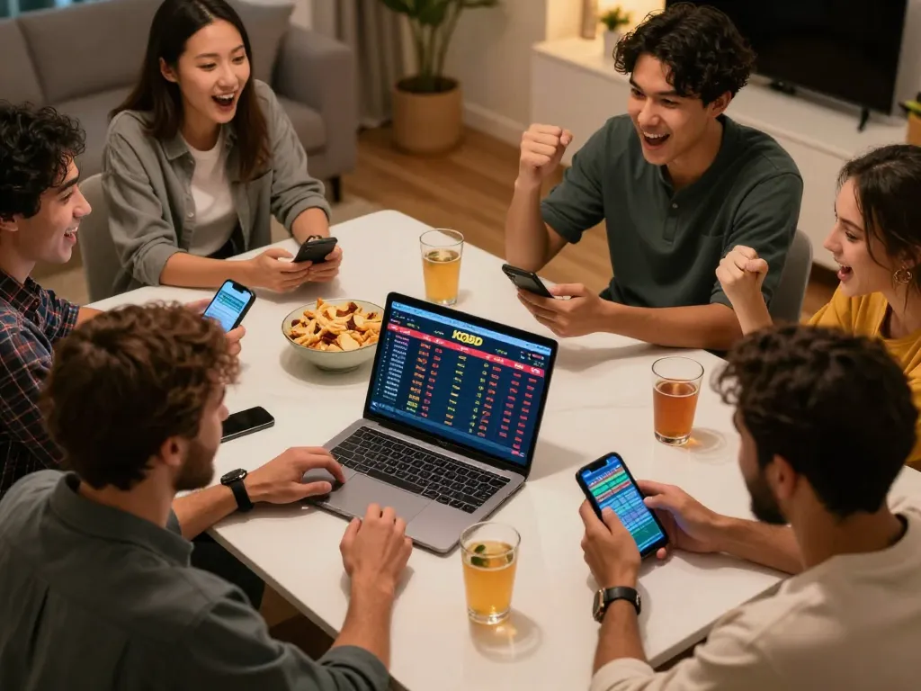 KQBD sports betting scene with friends using devices to place real-time bets, creating a lively atmosphere.