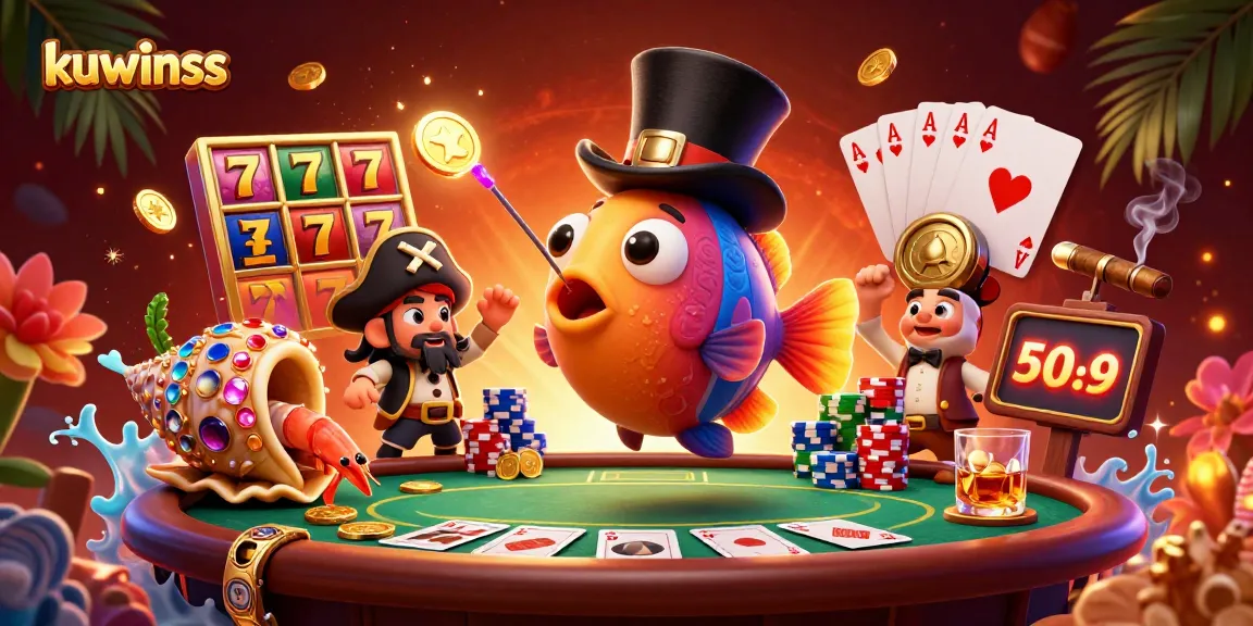 Kuwinss showcases a thrilling 3D casino scene with vibrant characters and engaging elements, embodying excitement.