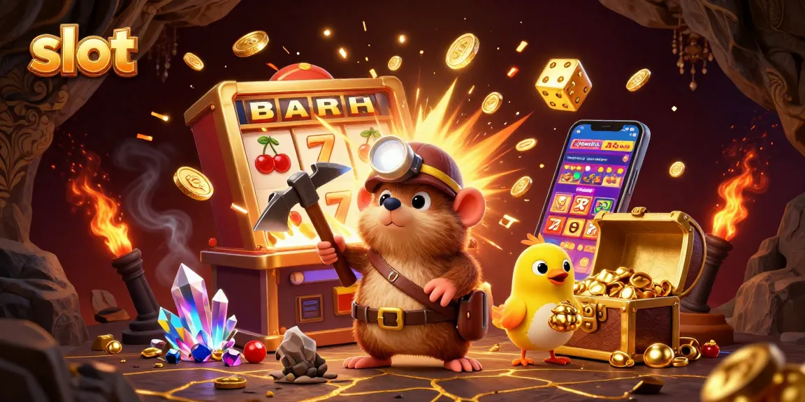 Explore exciting slot games with a treasure hunting mole and golden jackpots in this vibrant illustration.