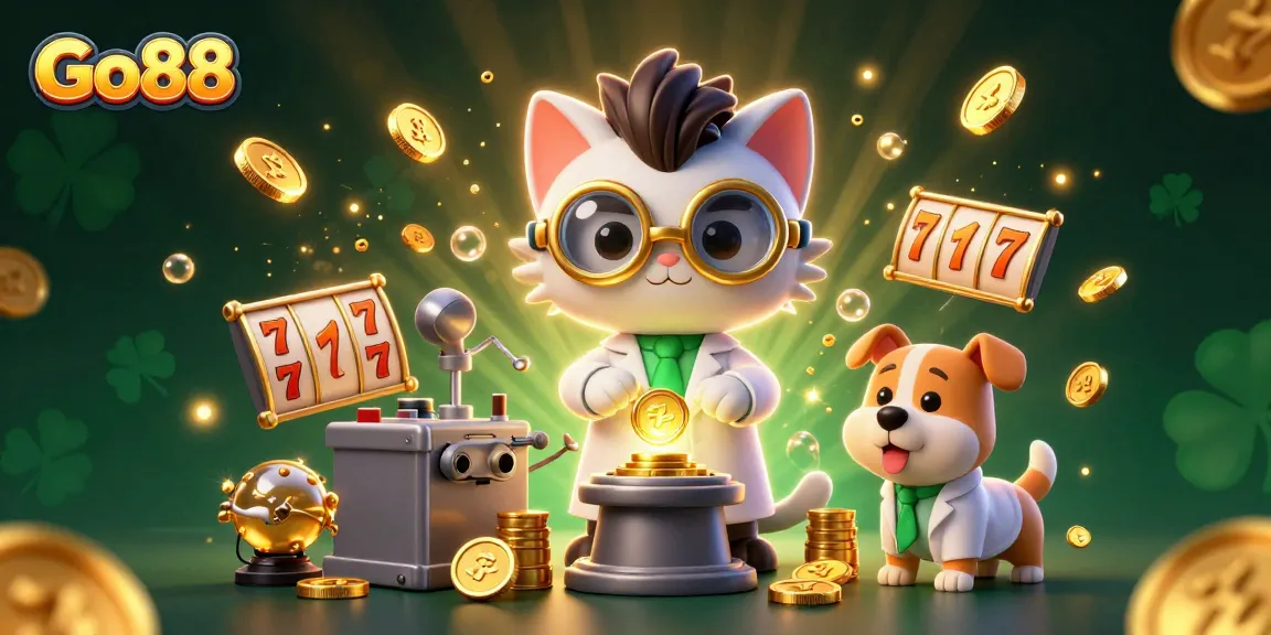 Bet on Go88 in a colorful 3D casino scene featuring a mad scientist cat and dog.