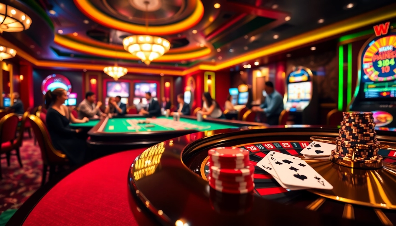 Engaged players at a roulette table and poker game at https://68vip.one/ showcasing excitement in a luxury casino.