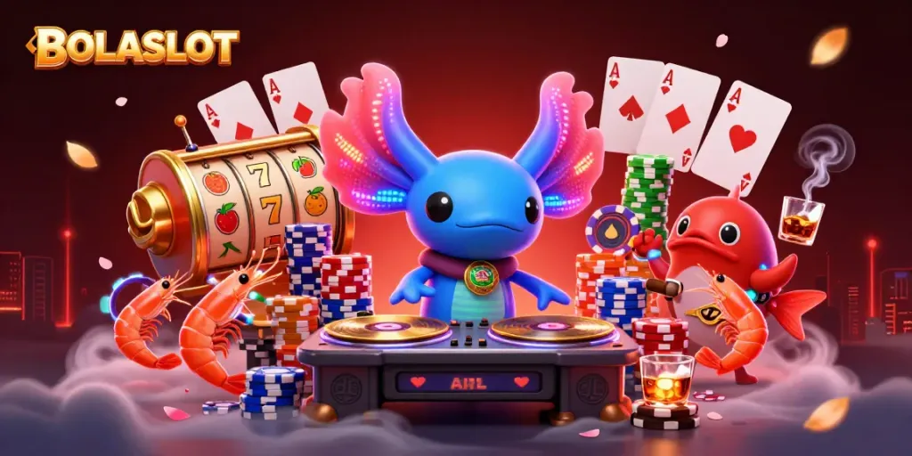 Experience the thrill of BOLASLOT with vibrant axolotl DJ, shrimp dancers, and slot game elements in a dynamic casino setting.
