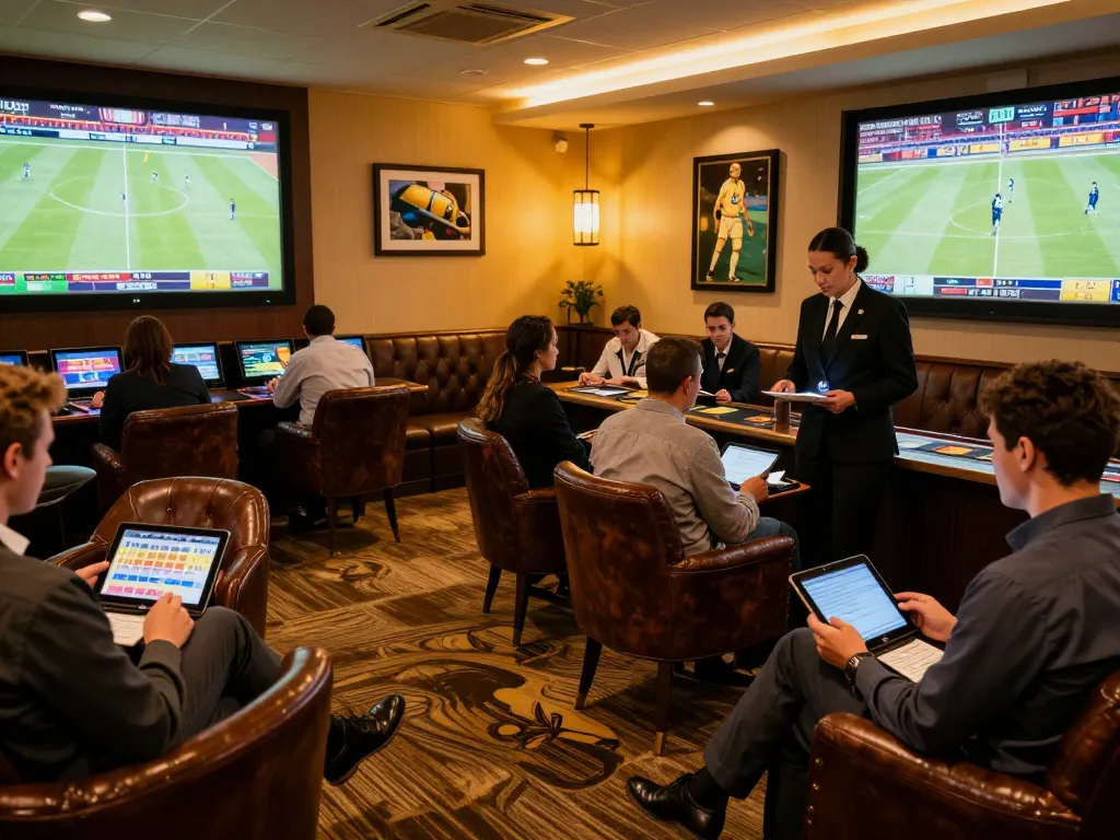 8xbet enthusiasts placing bets in a vibrant sports betting lounge during live events.
