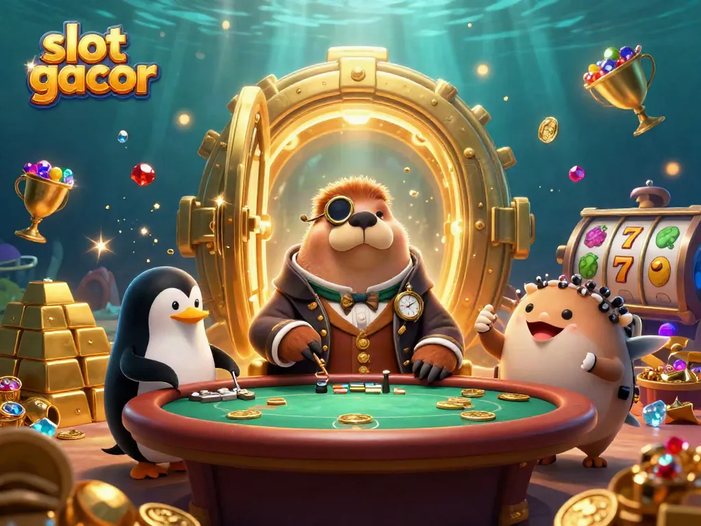 Ilustrasi slot gacor di bawah laut dengan walrus dan dealer penguin, menciptakan suasana kasino yang mengesankan.