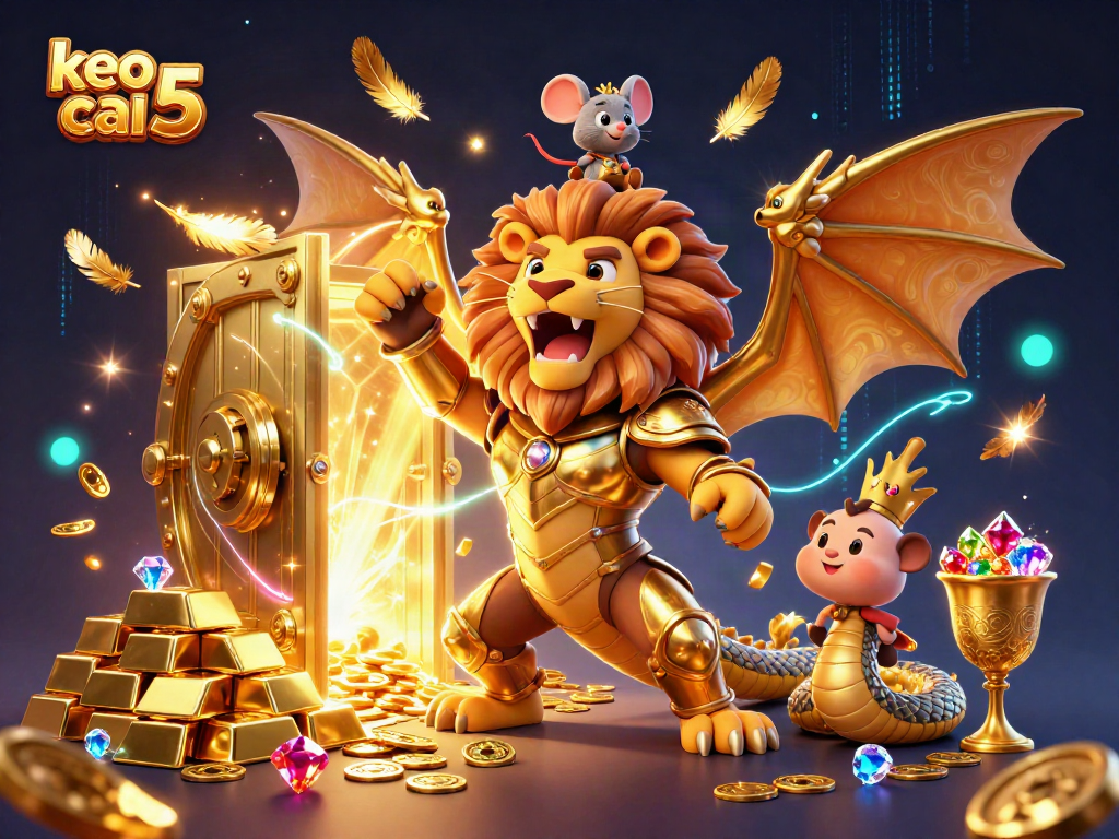 Engage with keo nha cai 5 in an epic casino scene featuring dynamic gold treasures and mythical characters.