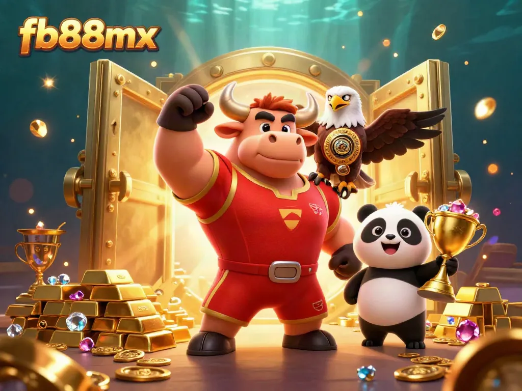 Experience the thrill of fb88mx with a victorious bull, eagle, and panda amid treasures in this vibrant casino scene.