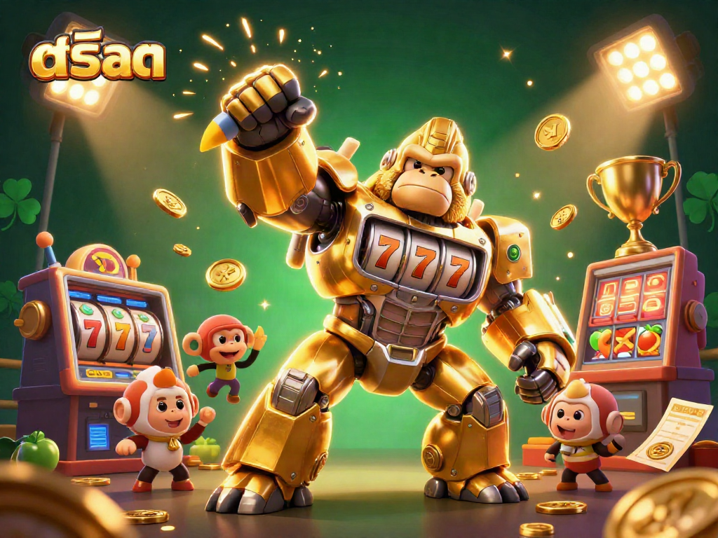 Experience thrilling สล็อต gameplay with spinning reels and slot elements in a vibrant 3D illustration.