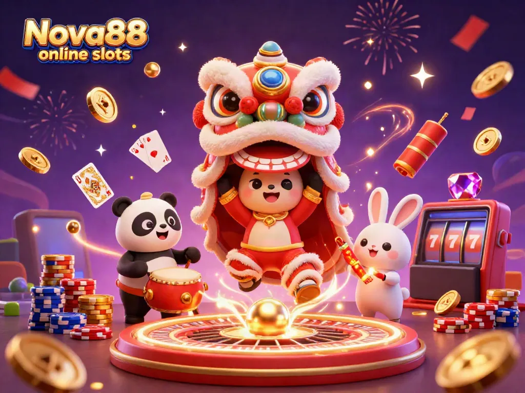 Experience the thrill of Nova88 online slots with a vibrant 3D festive scene featuring animated characters.