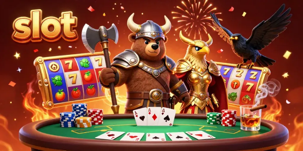 Experience thrilling slot actions with a Viking bear and eagle among vibrant gaming symbols.