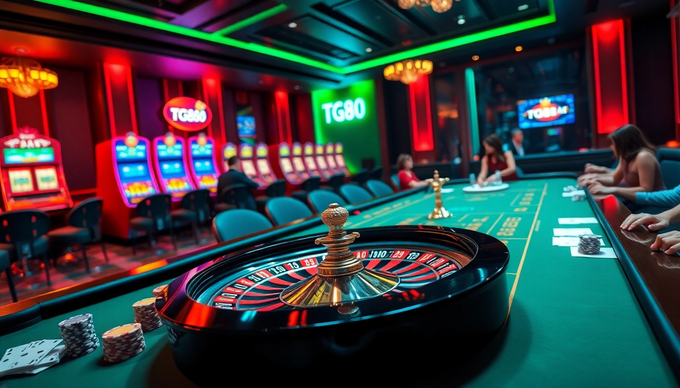 Gamblers enjoying a TG88-themed casino atmosphere with poker chips and roulette wheel.