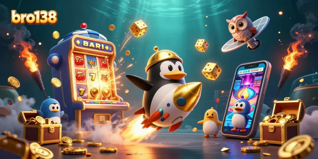 Engage with bro138 casino adventures featuring slot jackpots, golden characters, and vibrant casino elements.