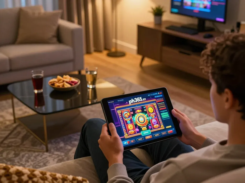 Engaged player on ph365.cx tablet, enjoying vibrant slot games in a cozy home setting.
