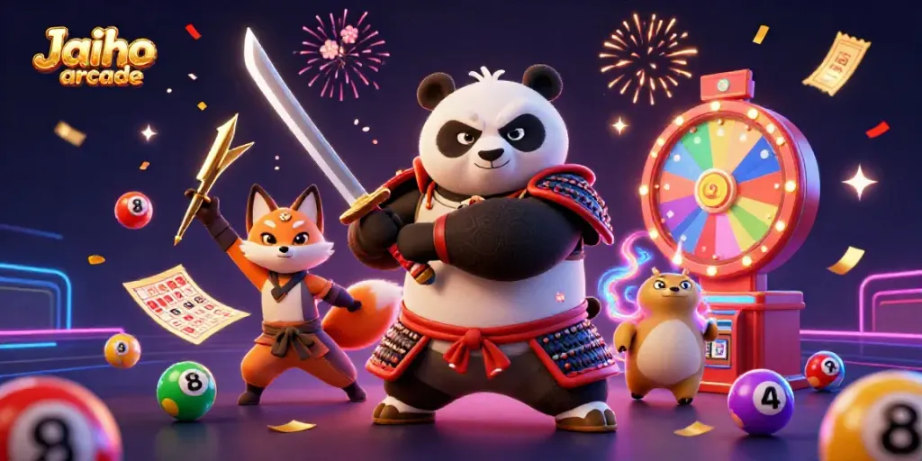 Experience the thrilling world of Jaiho arcade with samurai panda, ninja fox, and colorful gaming elements.