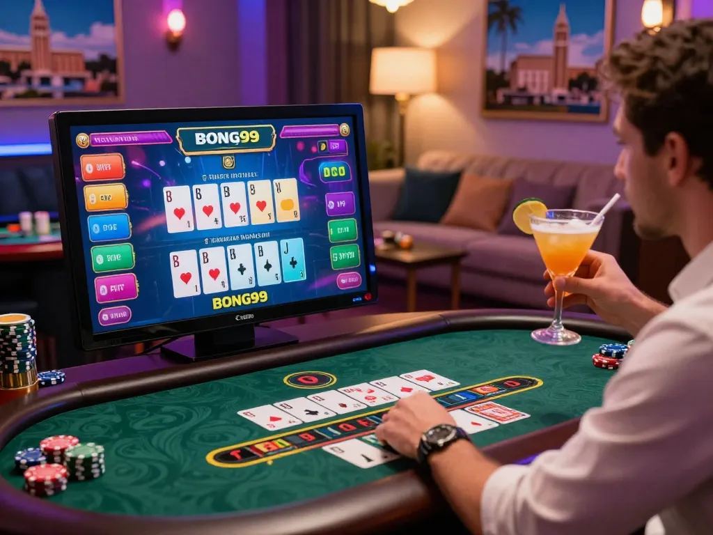Bong99 online casino gaming scene with player enjoying baccarat on desktop.