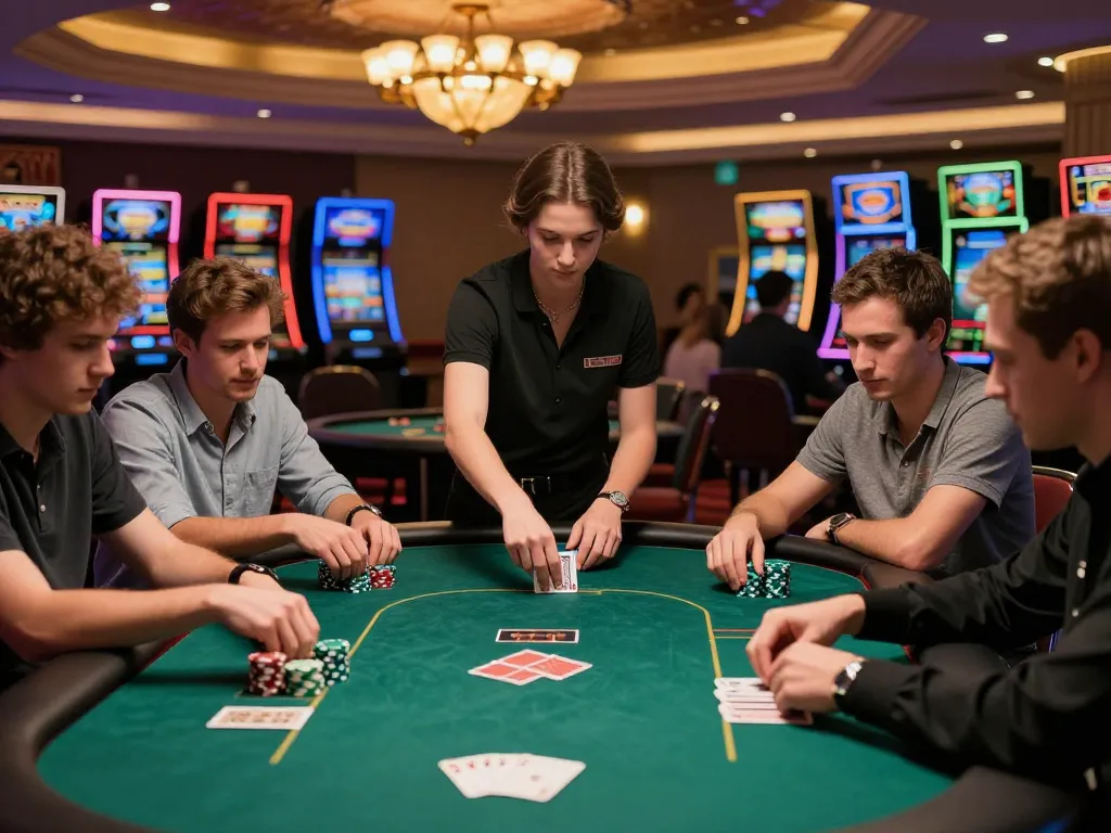 Experience lively poker gameplay at https://mm88.blog/ showcasing players engaged at a green felt table surrounded by a vibrant casino atmosphere.