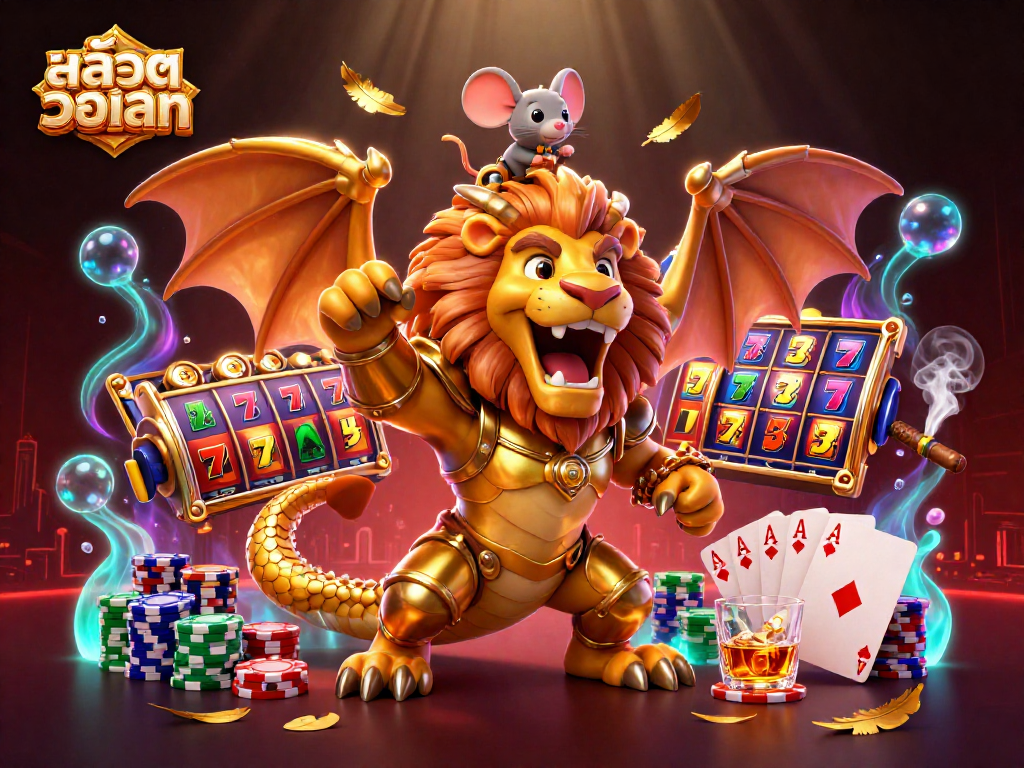 Experience the thrill of สล็อตวอเลท with a golden chimera and poker elements in this animated casino scene.
