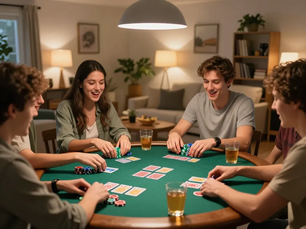 Bong88 poker game night with friends, cards and colorful chips on the table, inviting warm lighting.