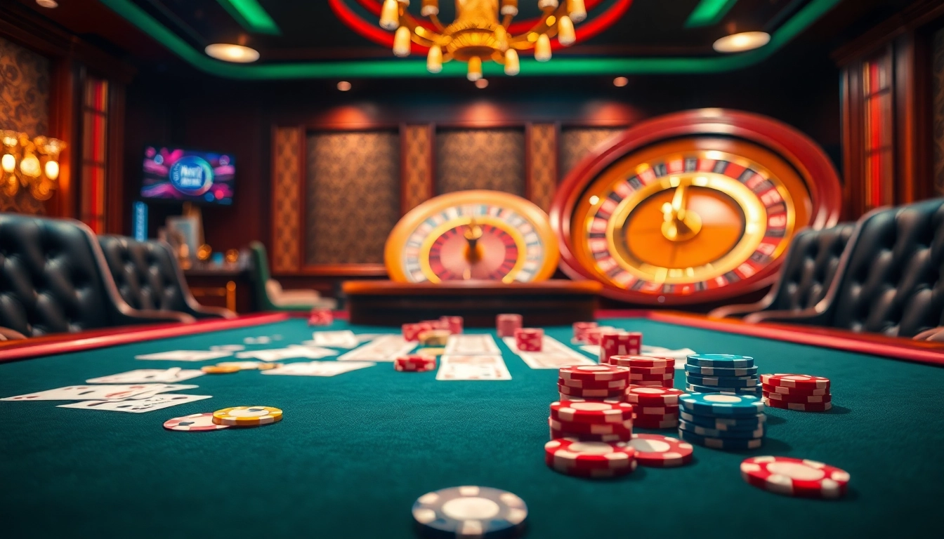 Experience the thrill of gambling at the NK88 casino, featuring vibrant poker chips and a roulette wheel.