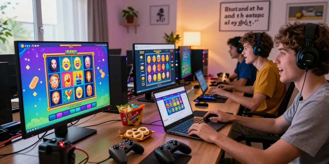 Players excitedly engaging with cocomaya buy feature slots in a cozy gaming environment, vibrant setups and colorful screens creating a lively atmosphere.