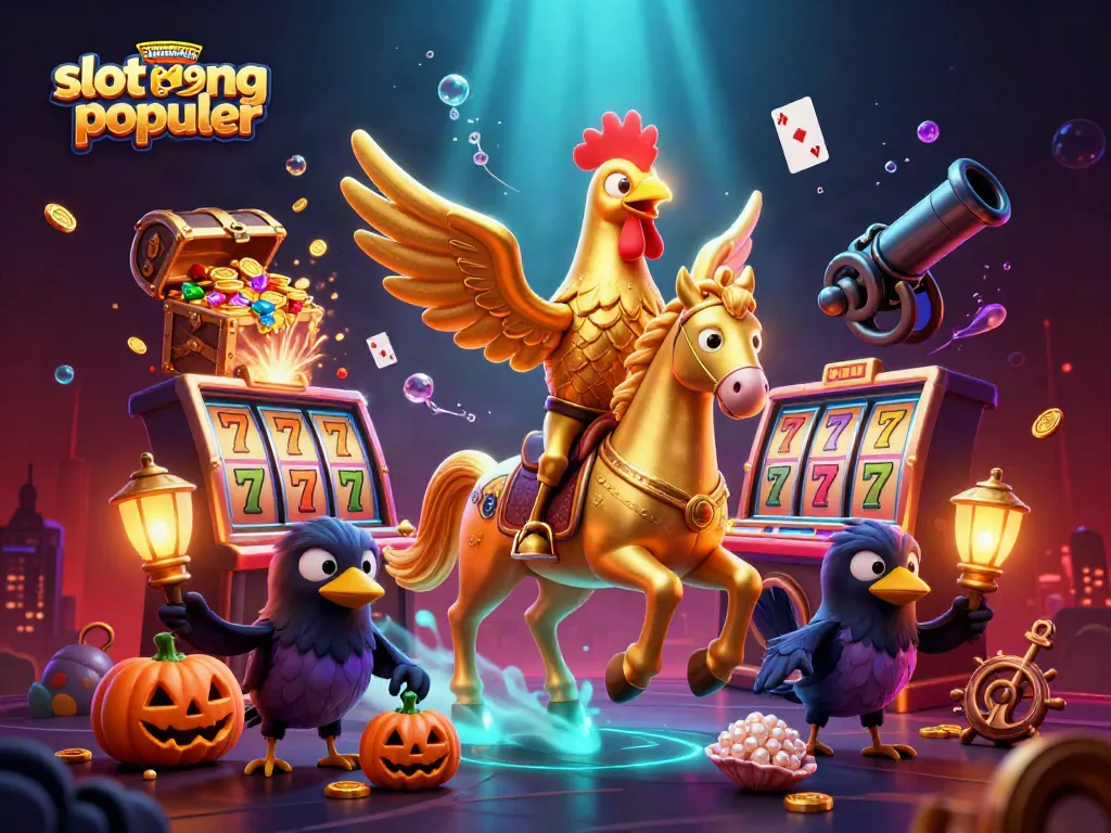 Slot gacor paling populer menampilkan ilustrasi kasino dengan elemen slot dan permainan yang berkilauan.