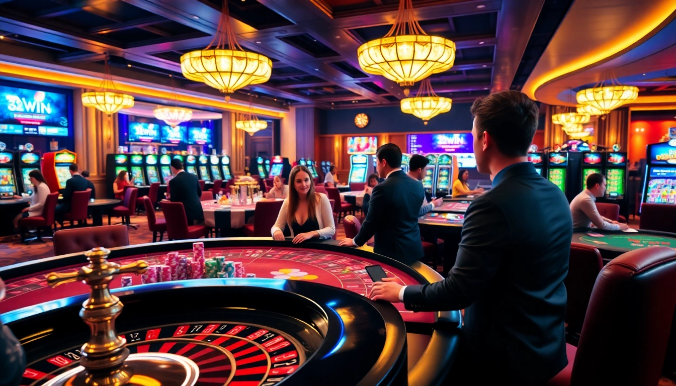 Experience the excitement of gaming at 32WIN with a vibrant display of casino elements.