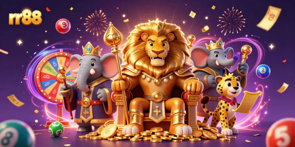 Experience gaming excitement with rr88 featuring a lion king, elephant advisor, and cheetah messenger.