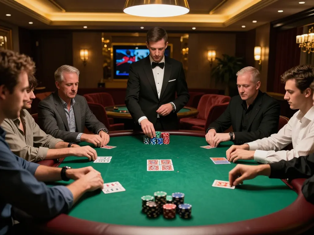 Players engage intensely at du88 poker table with colorful chips and dealer in action.