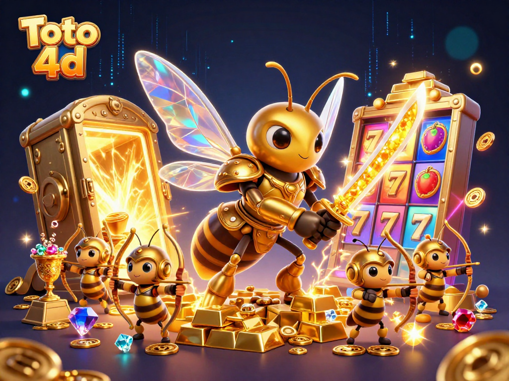 Toto 4d lottery scene showcasing a vibrant hornet in samurai armor with golden treasures and slot reels.