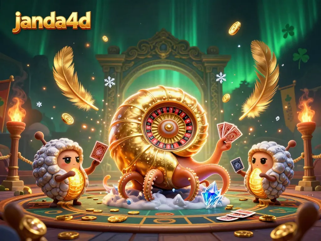 Gambarlah aksi bermain judi di janda4d dengan nautilus raksasa dan simbol-simbol kemenangan di arena pertarungan.