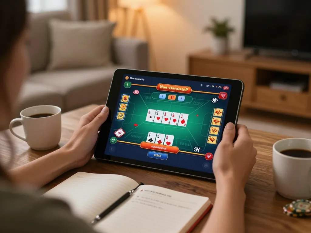 Engaging in non gamstop casino gaming on a tablet in a cozy home setting, showcasing strategic gameplay
