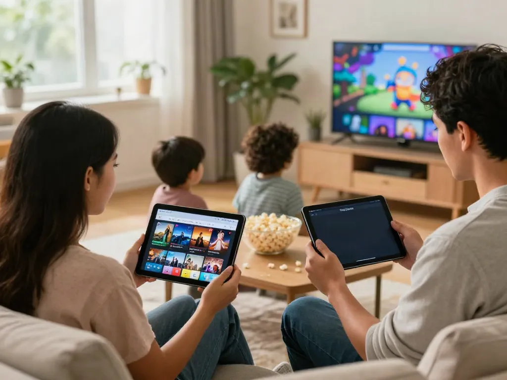 Family enjoying movie night using the MovieBox Pro Android app on multiple devices in a cozy living room.