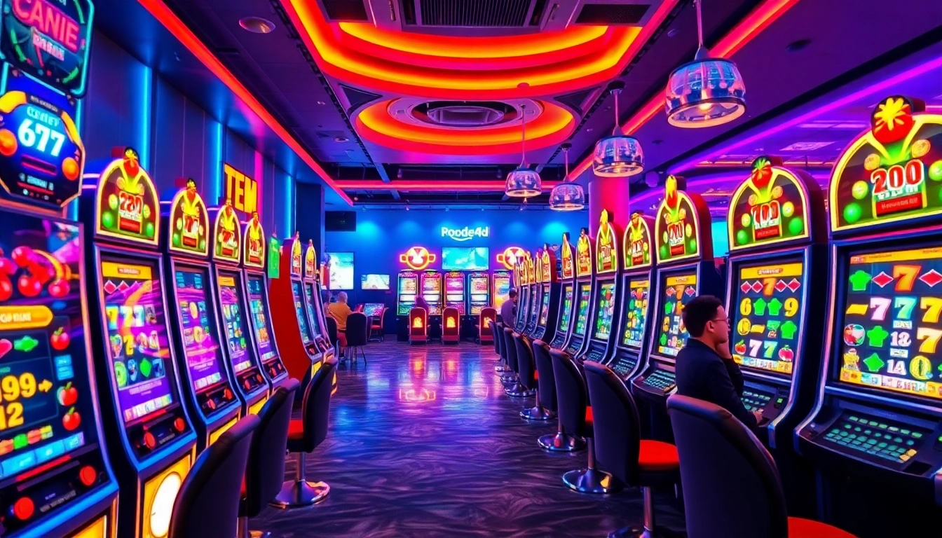 Situs kode4d offers an exciting online gaming experience with vibrant slot machines in a lively gaming lounge, emphasizing security and fun.