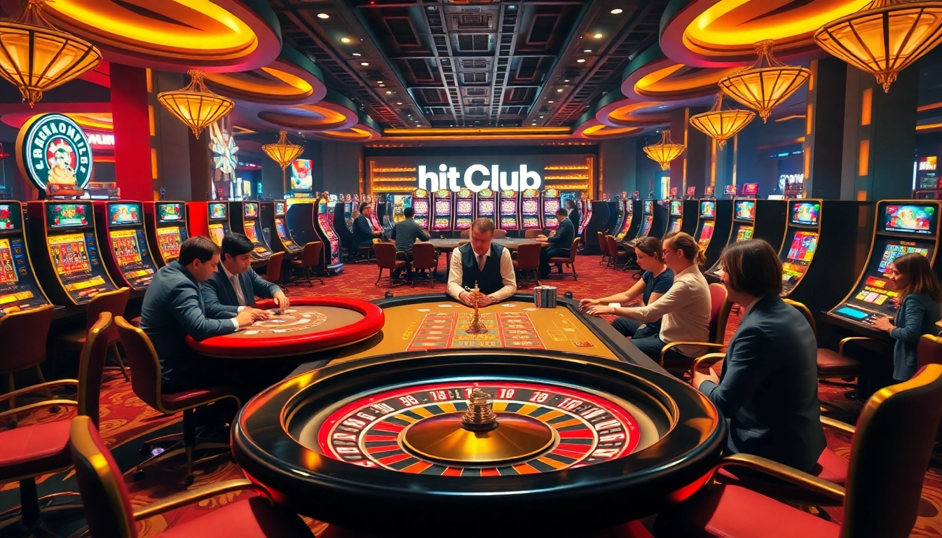 Exciting gaming scene at hitclub casino showing poker, roulette, and slot machines in action.