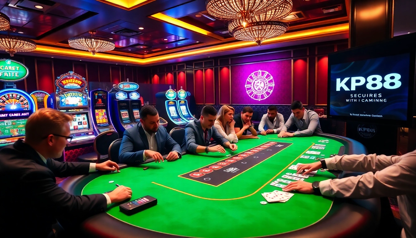 High-stakes poker action at KP88 casino, showcasing players and vibrant casino ambiance.