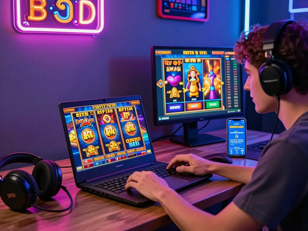 Zeus138 gaming experience with colorful slot game graphics on a laptop and exciting atmosphere.