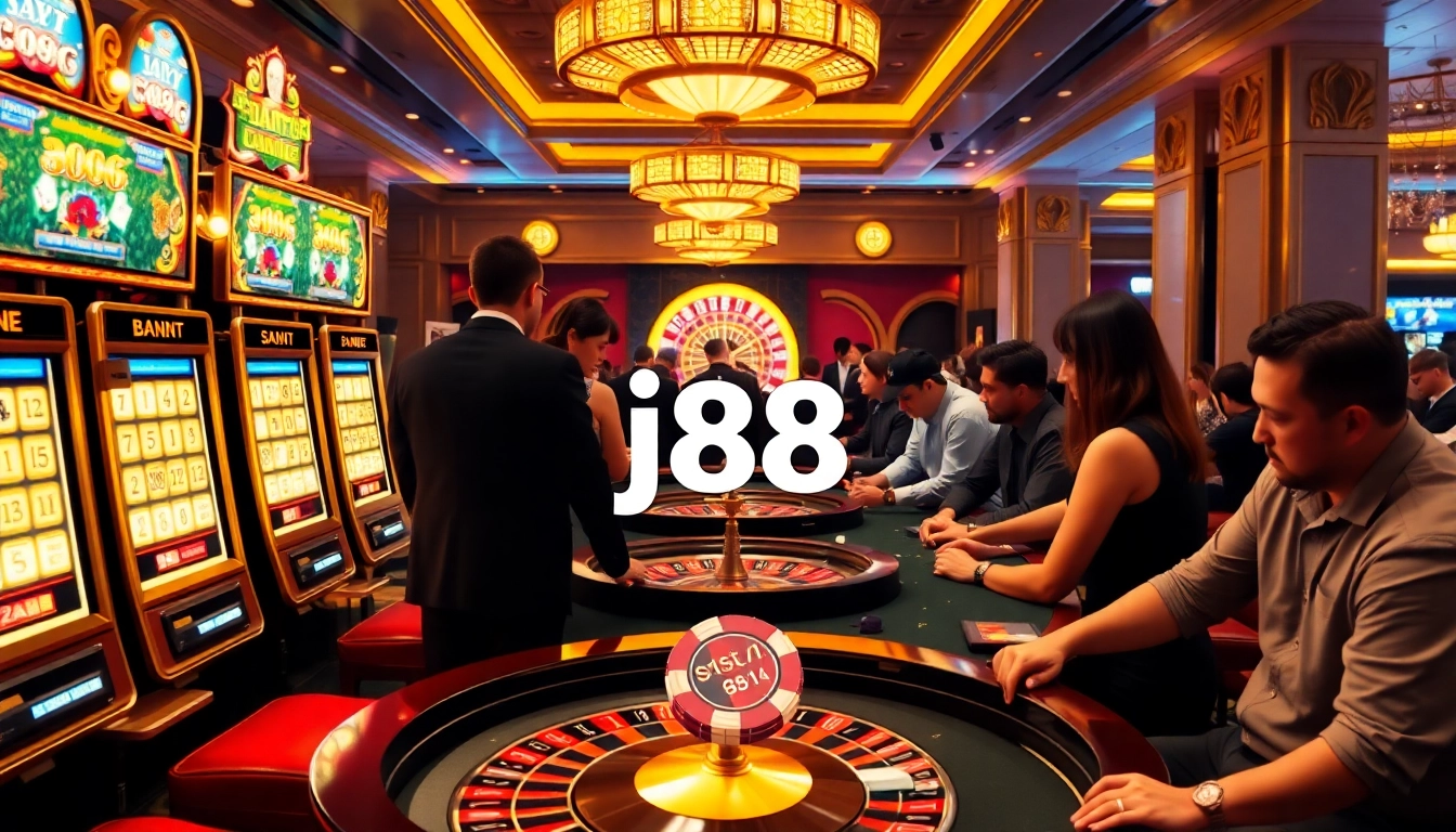 Players enjoying thrilling games at J88 Casino, including engaging poker and vivid slot machines.