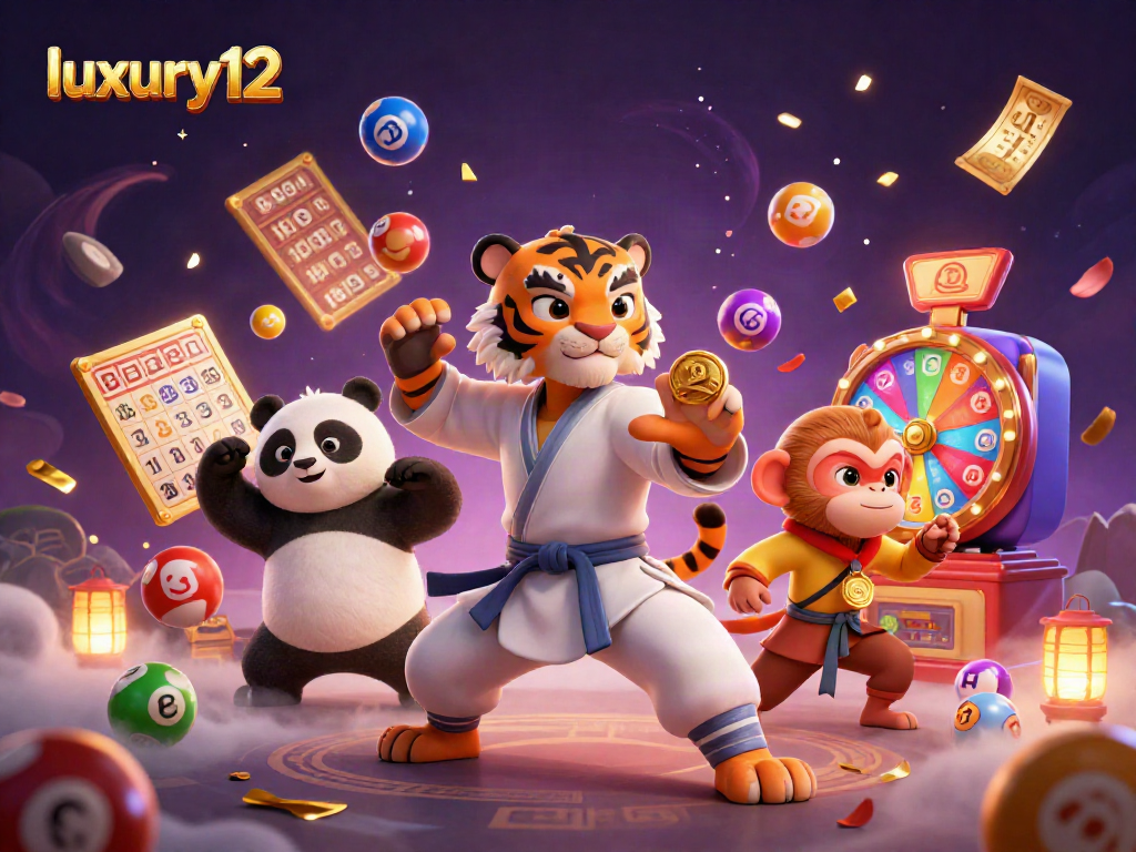 Ilustrasi 3D luxury12 menampilkan harimau kung fu melawan perjudian dengan permainan bingo dan tiket emas.