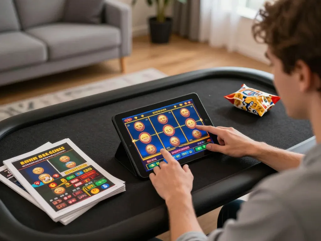 Pemain terlibat dengan permainan slot yang mendebarkan di tablet dalam suasana rumah yang nyaman, menekankan perjudian online yang strategis.